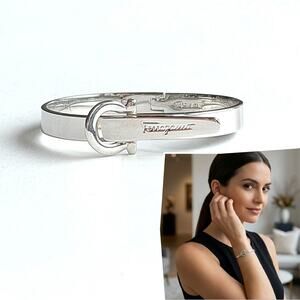 Salvatore Ferragamo Silver Gancini Bangle Bracelet Iconic Logo Buckle Cuff